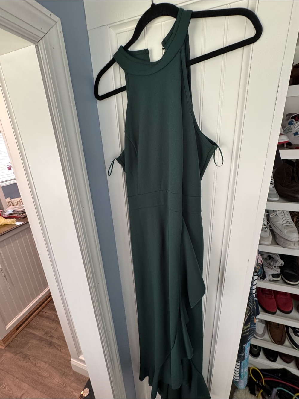 Sleeveless High-Neck Ruffle Hem Dress - Forest Green